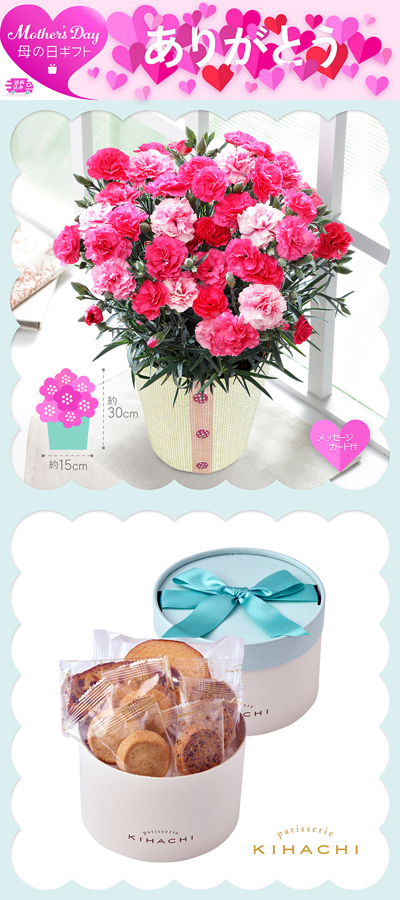 母の日 カーネーション〈さくらもなか〉と「パティスリー キハチ」アソートBOX