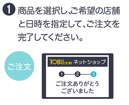 1商品を選択し、ご希望の店舗と日時を指定して、ご注文を完了してください。